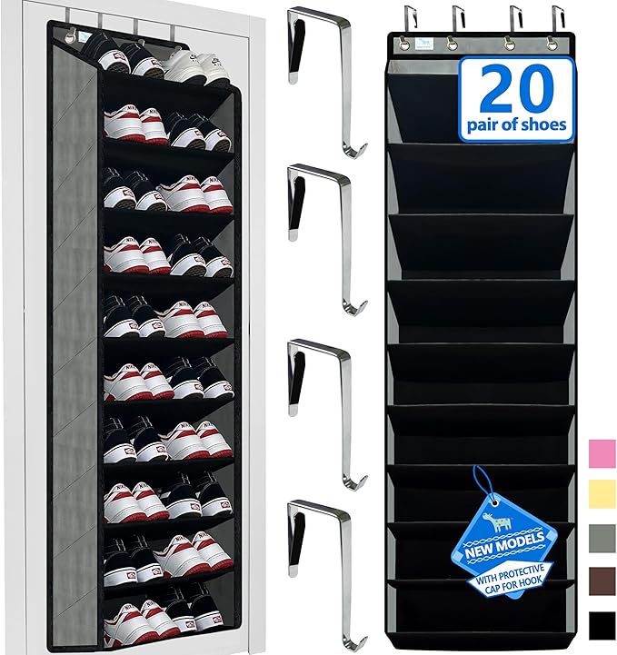 Shoe Organizer,70 Pounds Large Capacity,20-30-Pair Over The Door Shoe Organizer,10 Tiers Shoe Rack for Closet,New Upgrade Anti-Scratch Heavy Duty Hook and Bamboo Material Baffle,Grey/Black
