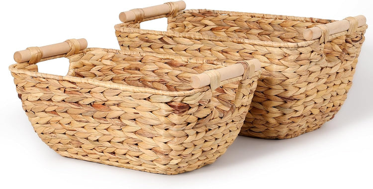 Large Wicker Storage Baskets with Wooden Handles, Woven Water Hyacinth Storage Organizers for Throw Blankets, Bedroom, Living Room, Laundry,2-Pack