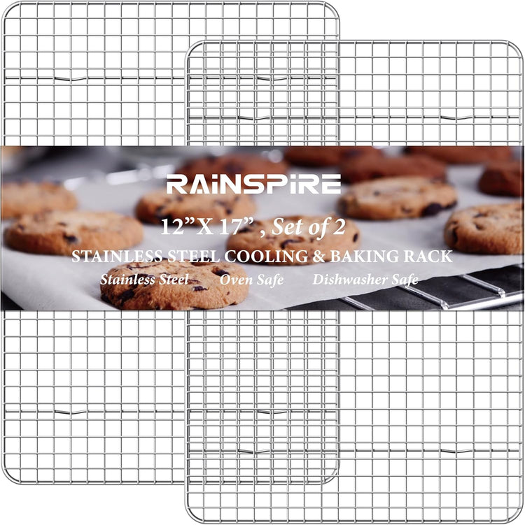 Rainspire Cooling Rack Stainless Steel, Heavy Duty Cooling Racks for Cooking and Baking, Oven Safe Wire Rack for Cooking, Baking Rack for Oven Cooking Fits Half Sheet Cookie Pan, 12" x 17", 2-Pack