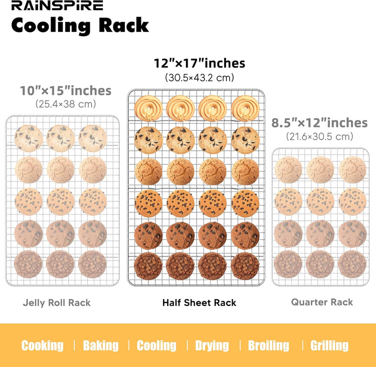 Rainspire Cooling Rack Stainless Steel, Heavy Duty Cooling Racks for Cooking and Baking, Oven Safe Wire Rack for Cooking, Baking Rack for Oven Cooking Fits Half Sheet Cookie Pan, 12" x 17", 2-Pack