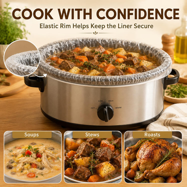 50 Pcs Slow Cooker Liners with Elastic Band Large 13" x 21" Cooking Bags Disposable Pot Liners Fit 3 Qt to 6.5 Qt Large Slow Cooker Cooking Bags Suitable for Oval and Round Pots