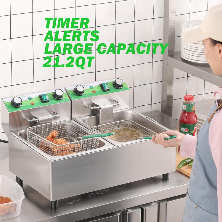 20L/21.2QT Commercial Deep Fryer with Timer Dual Tank Electric Countertop Fryer with Double Baskets and Lids, Temp Control, 3400W/110V Stainless Steel Large Deep Fryer for Restaurant Kitchen
