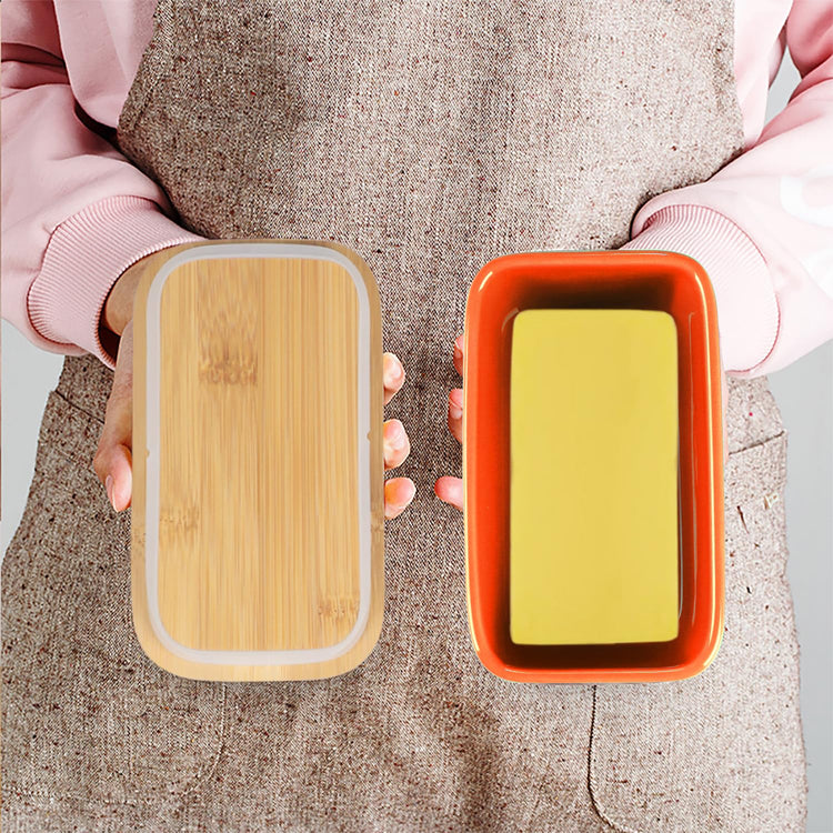 Ceramic Butter Dish with Bamboo Lid and Stainless Steel Knife Spreader