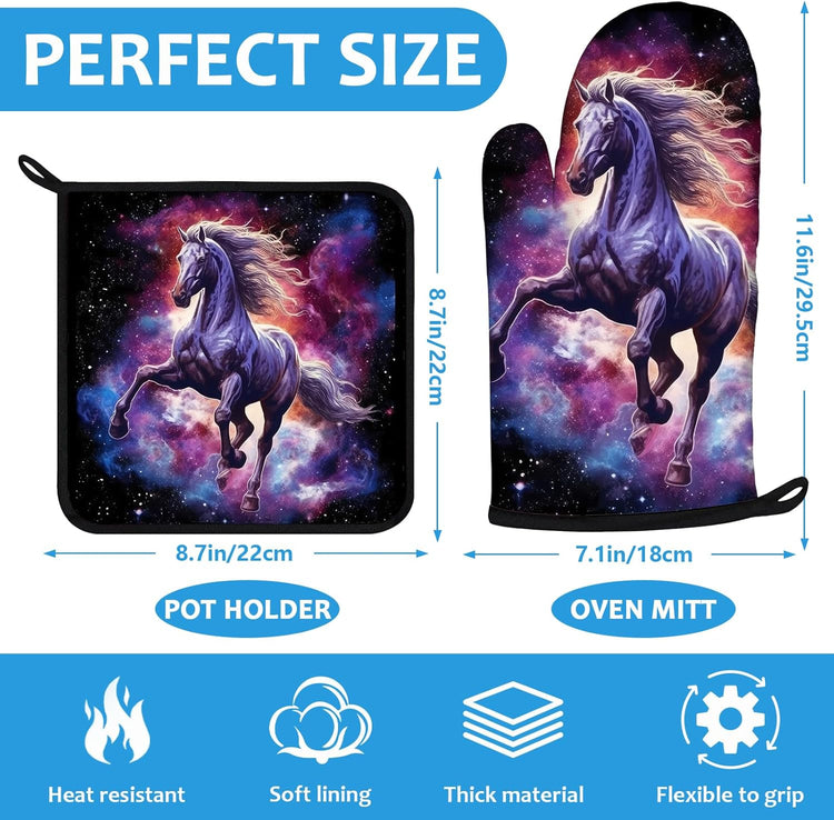 Horse Purple Galaxy Space Oven Mitts and Pot Holders Sets Heat Resistant 4Pcs Potholders Oven Gloves Hot Pads for Kitchen Baking Cooking Grilling BBQ