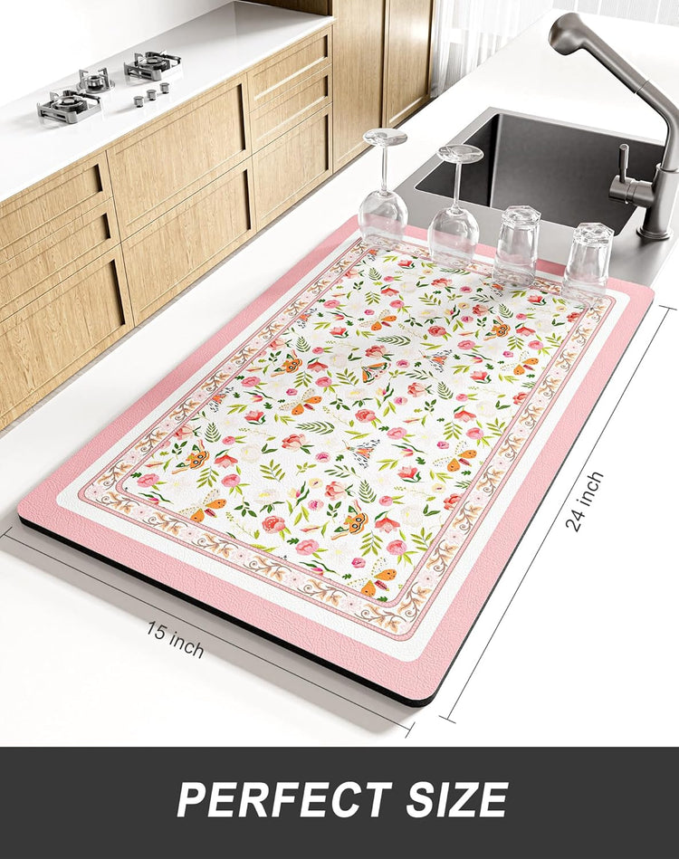 Rnivvi Dish Drying Mat for Kitchen Counter, XL 15 x 24" Cute Flower Theme Absorbent Draining Pad, Non-Slip Heat Resistant Coffee Bar Mats for Coffee Machine Station Accessories, Pink Dish Rack Pad