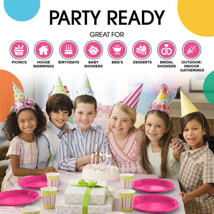 Exquisite Party Solids Hot Pink Plastic Plates For Party 7" Hot Pink Disposable Plates Heavy Duty Supplies 100 Pcs Plastic Dinnerware Sets Heavy Duty 350 GSM Disposable Dinnerware Set