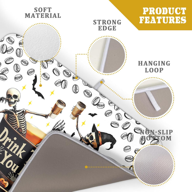 Skull Dead Coffee Mat Funny Dish Drying Pad for Kitchen Counter Absorbent Coffee Bar Accessories 18 X 24 Inch