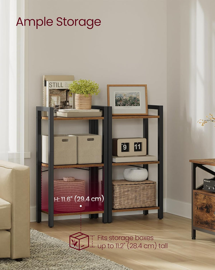 VASAGLE 3-Tier Bookshelf, Bookcase with Steel Frame, Book Shelf for Living Room, Home Office, Study, 9.4 x 15.7 x 30.1 Inches, Industrial Style, Rustic Brown and Ink Black ULLS098K02