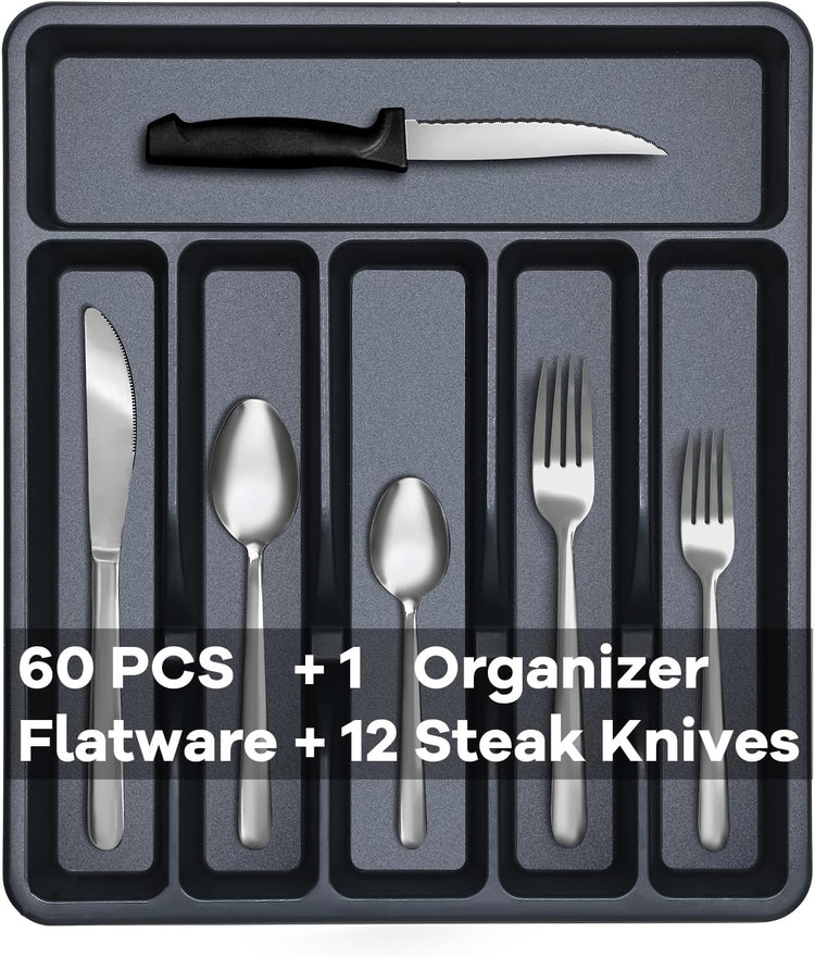 Pleafind 73-Piece Silverware Set with Organizer, Stainless Steel Silverware Sets for 12, Cutlery Utensil Sets with Steak Knives, Include Forks Spoons Knives & Silverware Organizer, Dishwasher Safe