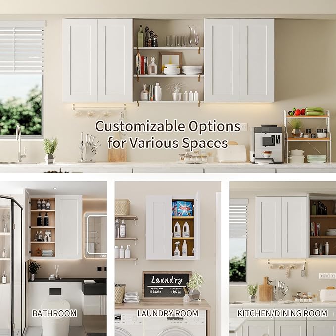 White Shaker Cabinet Wall Mounted, 30Wx15Hx12D Inch Solid Wood RTA Storage Organizer with 2 Doors & Shelves, Space-Saver for Laundry, Kitchen, Bathroom, Garage