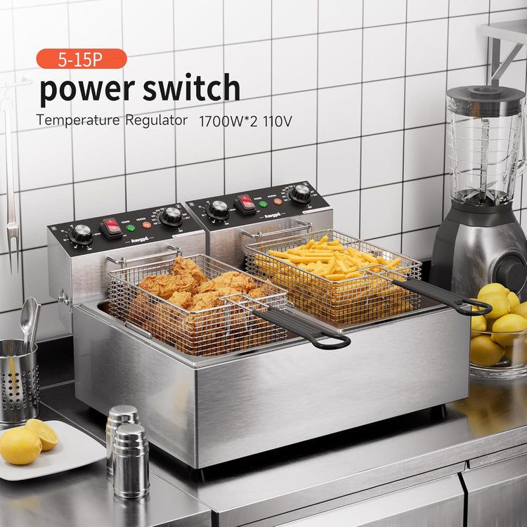 Deep fryers Commercial Deep Fryer 3400W Stainless Steel Electric Deep Fryers with Timer 20L(21.1Qt) Large Capacity Dual Tank Fryer with Baskets and Lids Countertop Deep Fryer for Restaurant Use (20L)