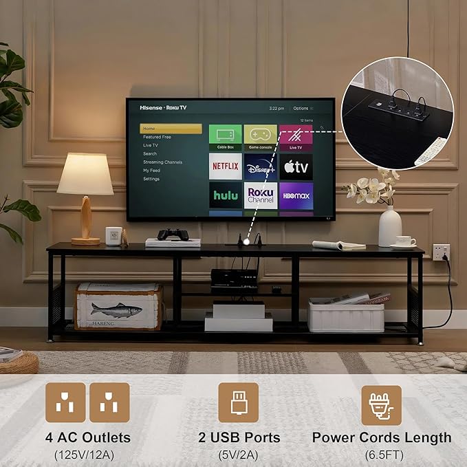 VECELO TV Stand with Power Outlets for Televisions up to 75Inch, 62" Media Entertainment Center with Charging Station 3-Tier Open Storage Shelves with Metal Frame for Living Room/Bedroom,Black
