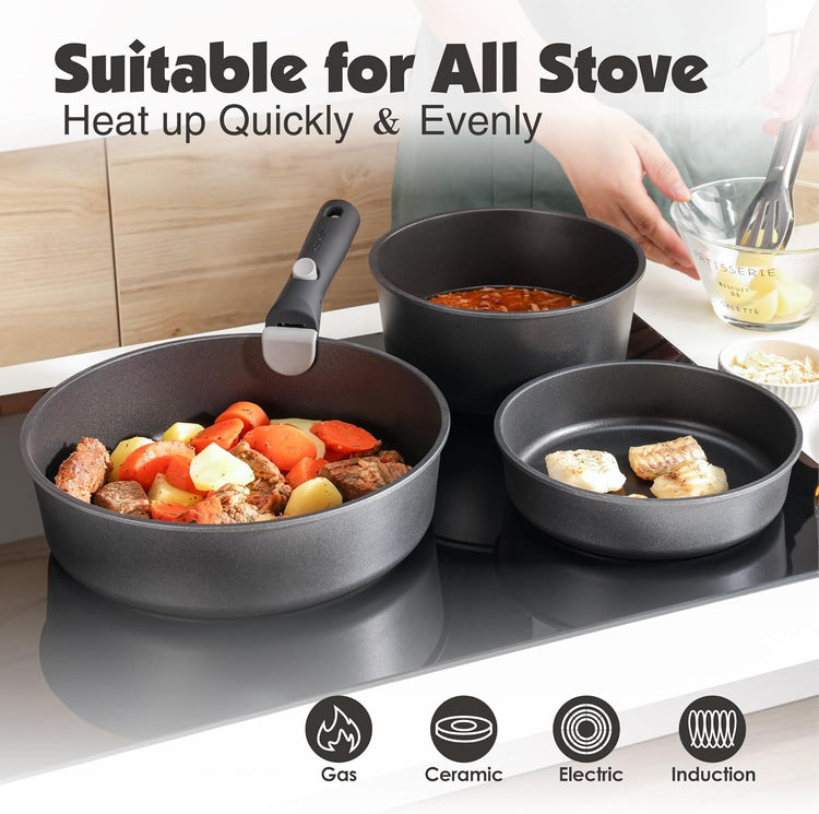 SENSARTE 24 Piece Pots and Pans Set, Nonstick Detachable Handle Cookware, Induction Kitchen Cookware Set with Removable Handle, Healthy Non Stick for RV, Dishwasher&Oven Safe (Black)