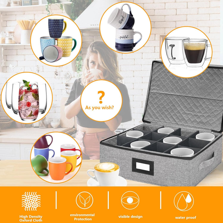 Coffee Mug Storage Box with Dividers, China Storage Containers Hard Shell ,Glassware Storage Containers with Zipper Lid and Handles, Stackable for 12 Mugs, Tea Cups, Moving & Packing (Light Grey)