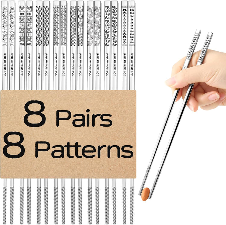 8 Pairs Metal Chopsticks Reusable 18/8 Stainless Steel Chopsticks Set Cute Laser Engraved Non-slip Japanese Korean Chinese Chopstick for Cooking Eating Dishwasher Safe 9.25" Chop Sticks Gift Set
