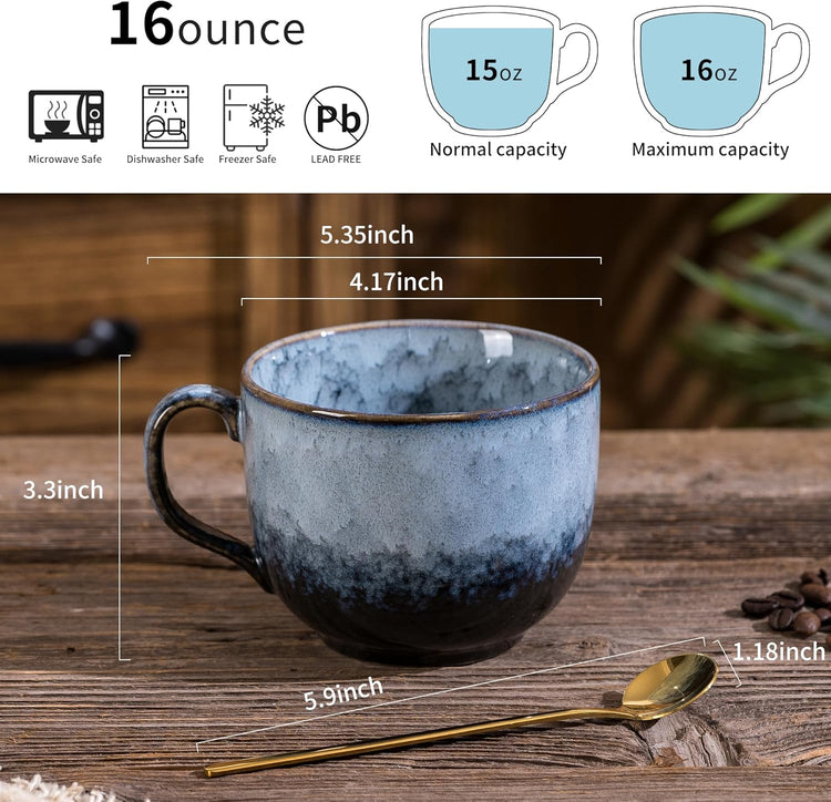 Coffee Mug Set of 4 - Ceramic 15 oz Coffee Cup with Handle, Large Stoneware Cups for Tea Milk Latte Cappuccino, Unique Hand-Painted Mug for Men Women Office Work (Marble Gray)