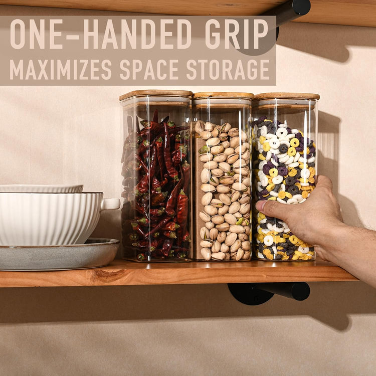 56oz Rectangle Airtight Glass Storage Containers with Bamboo Lids (Set of 4), Square Food Storage Jar, Pantry Organizers for Oats, Cereal, Pasta and Coffee beans (with Black Lable)