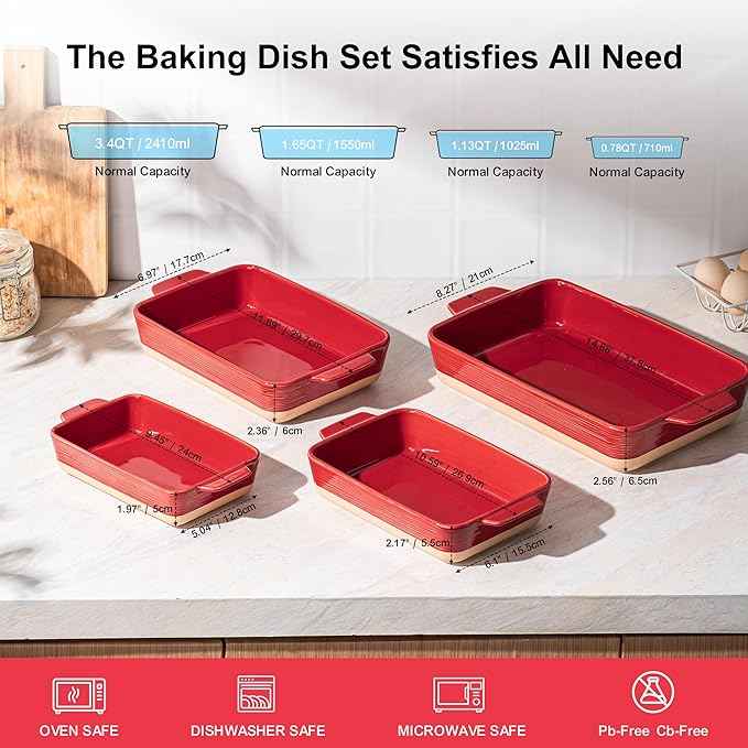 Casserole Dishes for Oven, Baking Dishes, Ceramic Bakeware Sets of 4, Rectangular Baking Pan Set with Handles for Baking, Casserole, Kitchen, Wedding Gift (Red Yellow)