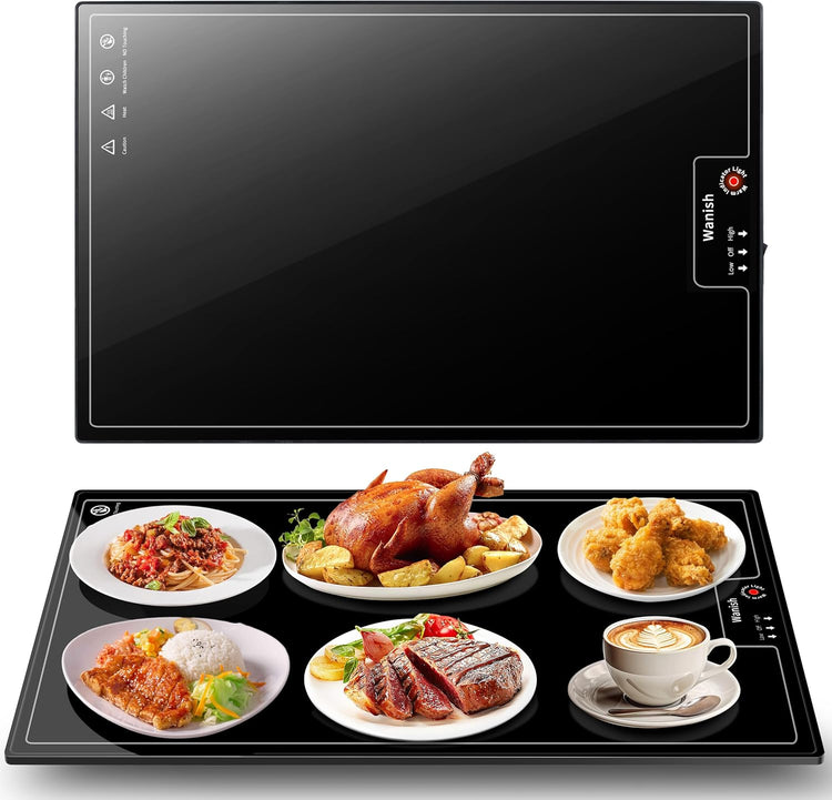Electric Warming Tray(Large 22”x14”),Food Warmer with Thermostat and Full Surface Heating,Food Warming Mat with 2 Temperature Modes for Parties Buffet,Gatherings,Heat Resistant Glass,Black