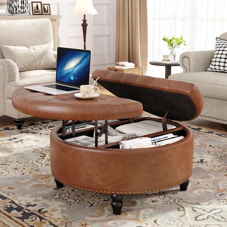 30 Inch Large Round Ottoman with Storage Circular