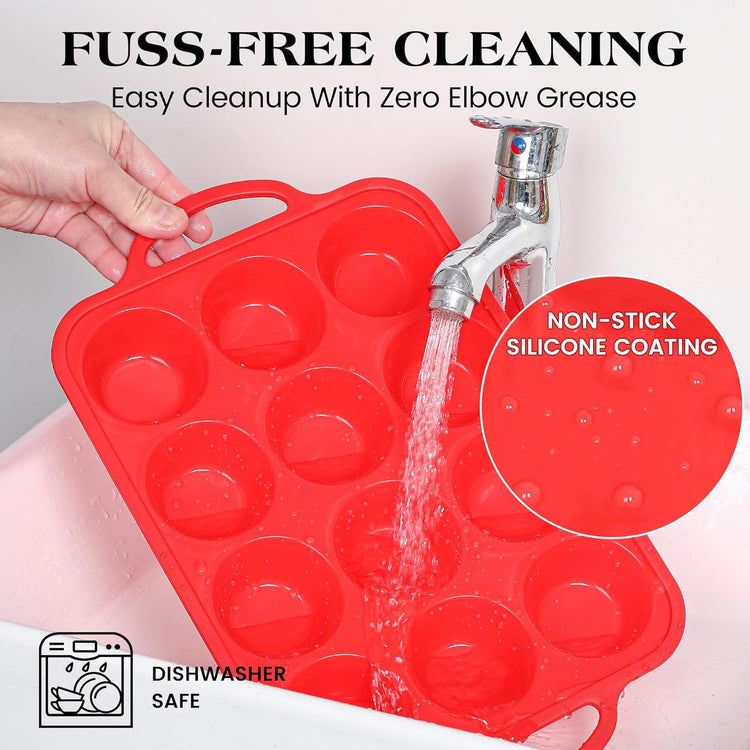 8 Pcs Silicone Muffin Pan Set, 12 Cup Regular & 24 Cup Mini Nonstick Muffin Tray with 6 Pcs Utensils, Silicone Muffin Pan for Baking with Metal Reinforced Frame, BPA Free (Red)