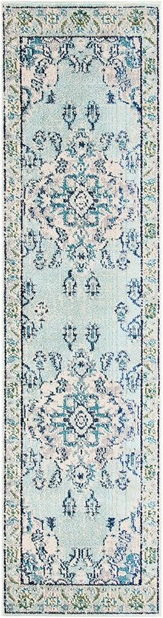 SAFAVIEH Monaco Collection Runner Rug - 2'2" x 10', Light Blue & Ivory, Non-Shedding & Easy Care, Ideal for High Traffic Areas in Living Room, Hallway, Foyer, Bedroom (MNC243K-210)
