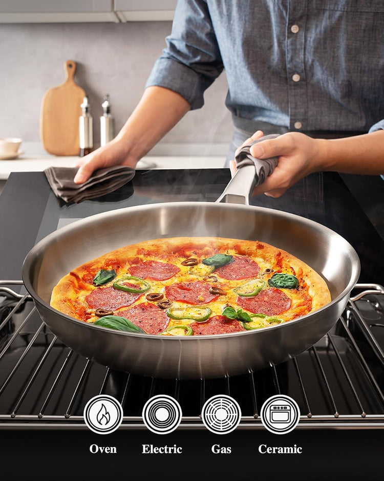 Tri-Ply Stainless Steel Frying Pans Set with Lid,PFOA&PTFE Free Skillets,Chef's Pan Set(8+10+12inch) Frying Pans for cooking,Induction Cookware Sets,Dishwasher and Oven Safe Kitchen set