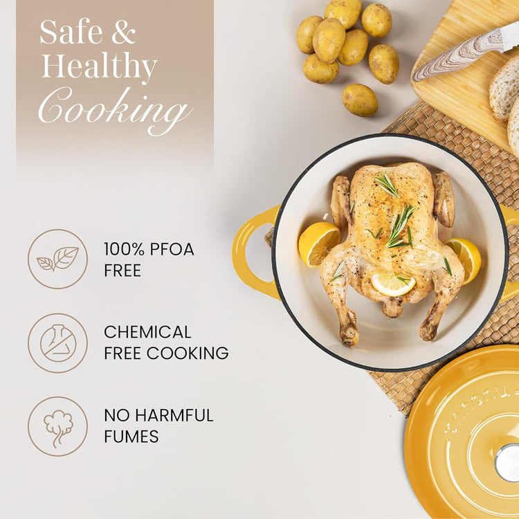Nuovva Enamelled Cast Iron Dutch Oven Pot with Lid 6.4 Quart Non Stick Casserole Pot – Heavy Duty & Oven Safe up to 500° F for Bread Baking, Braising, Stews, Roasting – 28cm Yellow - Nestoria