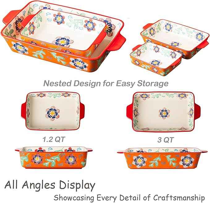 Ceramic Baking Dish Set, 2-Piece Stoneware Bakeware with Handles, 3QT & 1.2QT Casserole Dishes for Oven to Table, Microwave Dishwasher Safe, Lead-Free, Hand-Painted Bakeware -Warm Orange