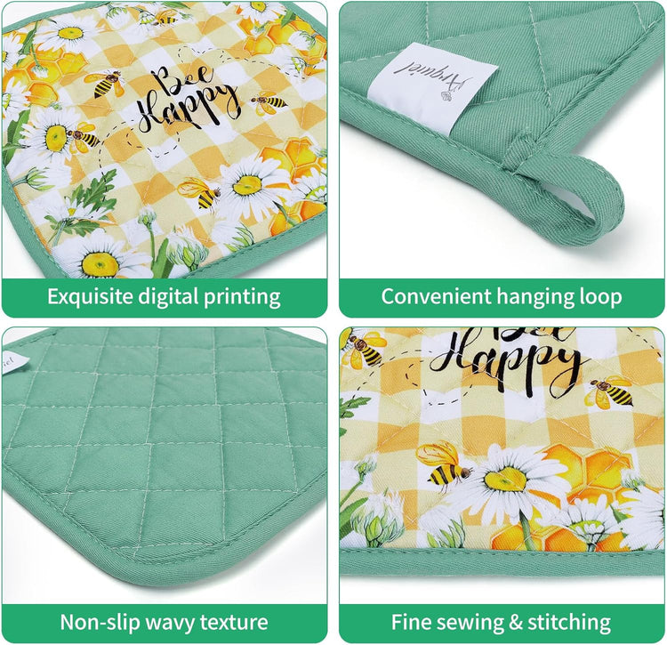Bee Daisy Oven Mitts and Pot Holders Sets 100% Cotton Heat Resistant, Extra Long Oven Gloves Potholder for Kitchen Cooking Baking Housewarming