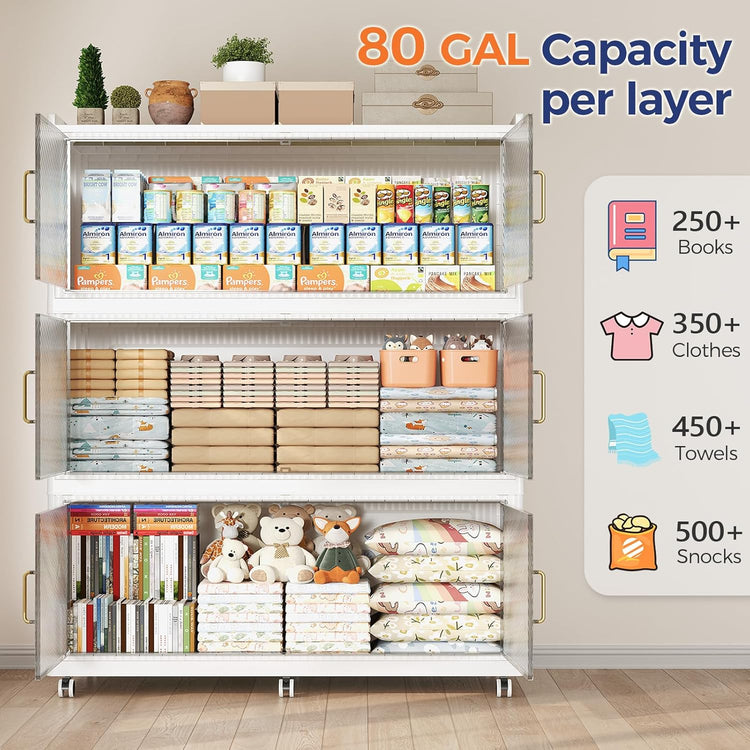 320 Gallon Extra Large Collapsible Storage Bin with Lid, 1280QT Stackable Plastic Organizer with 6x Wheels, Foldable Drawer Cabinet for Closet, Living Room Office Dorm 4Pack, White