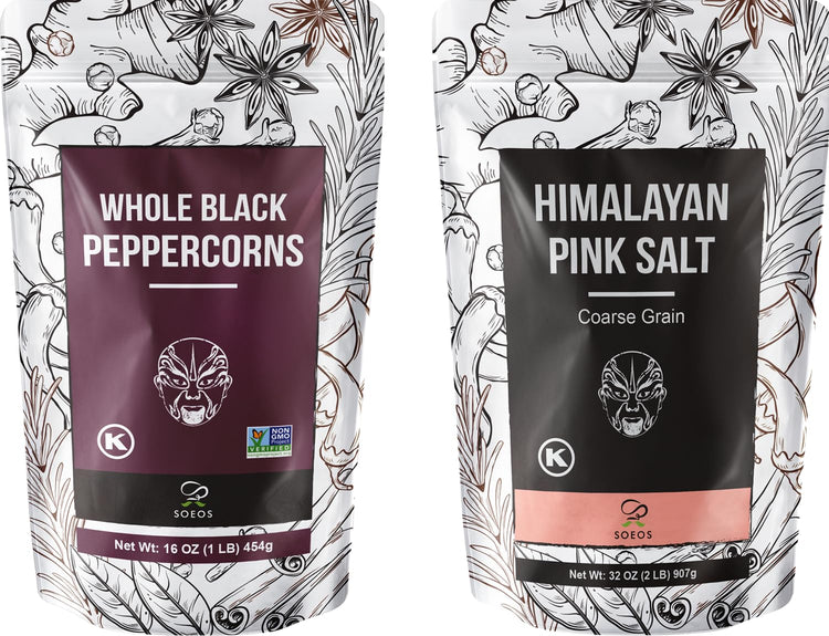 Soeos Whole Black Peppercorns 12oz + Himalayan Pink Salt 2lb, Salt and Pepper for Grinders, Black Peppercorn Refil, Pink Himalayan Sea Salt, 2 Piece Set