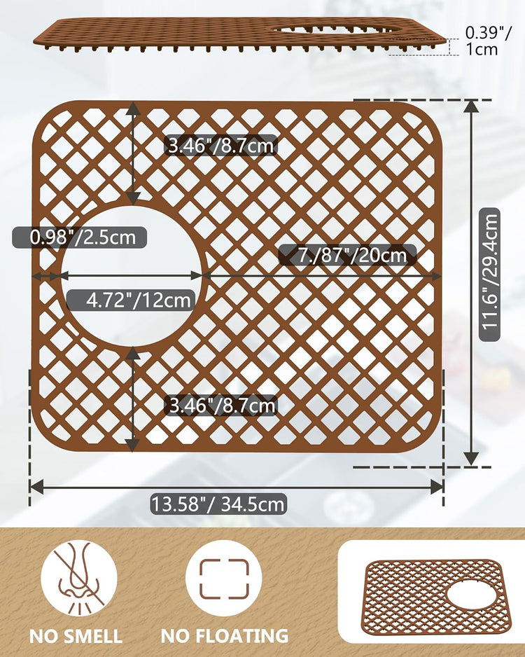 2 Pack Silicone Sink Protectors for Kitchen Sink, Lozenge Pattern 13 x 11 Inches Sink Mat, Non-Slip and Durable Sink Protector Silicone, Rear Drain, Coffee