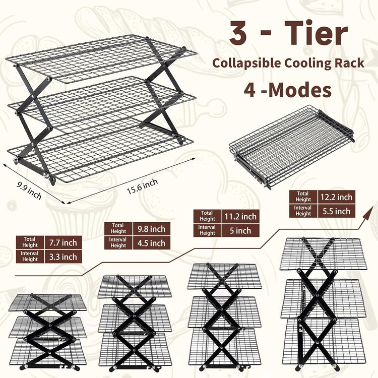 Pleafind 3 Tier Collapsible Cooling Rack - 3 Setting Design, Adjustable & Stackable Baking Rack, 5 Modes Cooling Racks for Cooking and Baking, Roasting & Grilling Gifts for Picnic Party