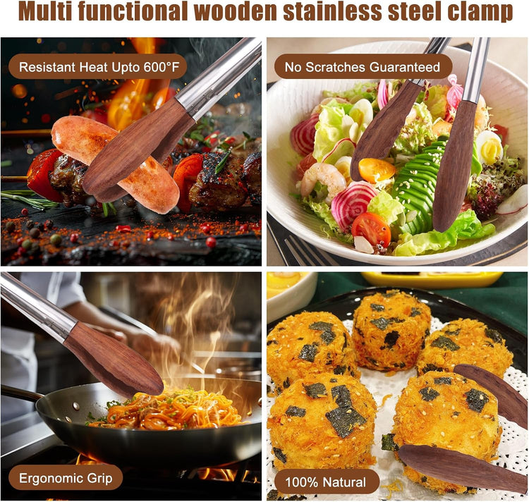 2-pcsTongs for Cooking with Wooden Tips - Nonstick Cooking Tongs & Salad Tongs for Blooming Food,Cooking, BBQ and Tossing Salad - Made of Natural Walnut Wood,Long Style15inch Short Style 11.4inch