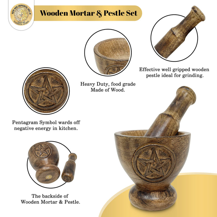 Pentagram Design Wooden Mortar & Pestle Set