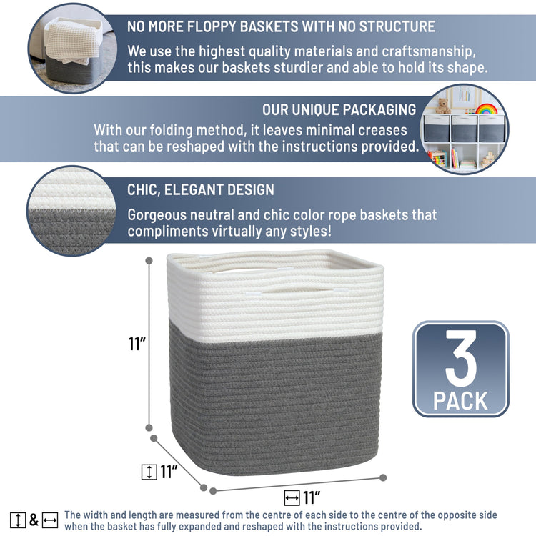 Storage Cubes 11 Inch Cotton Rope Woven Baskets for Organizing (3 Count)