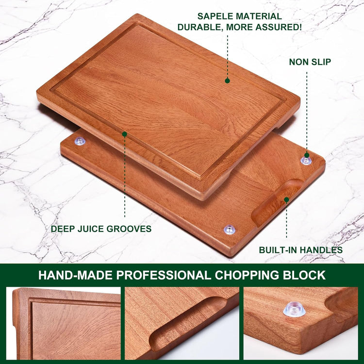 Wooden Cutting Board Set of 4 with Holder Non Toxic Solid Sapele Wood Chopping Boards for Kitchen with Juice Grooves Thick Large Cutting Board (9x7 to 16x12 In) for Meat Vegetables Cheese (Brown)