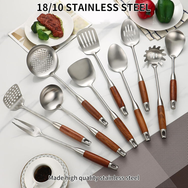 Stainless Steel Kitchen Utensils Set with Wood Handle, 18/10 Metal Cooking Utensils Set, 10-Piece - Spatula, Spoon, Ladle, Skimmer, Slotted Turners, Pasta Server, Fork, Masher(Dishwasher Safe)
