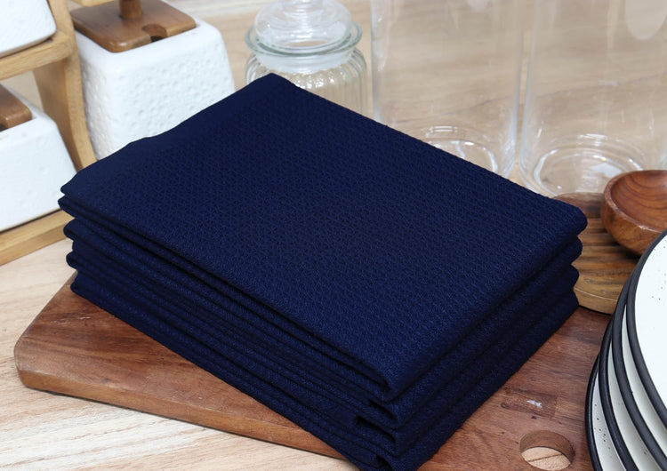 PurpleEssences Waffle Weave Kitchen Towel, 100% Cotton - 15 x 25 Inches, with Hanging Loop Ultra Soft Absorbent Quick Drying Dish Cloth, Tea and Hand Towels, 4 Pack - Navy Blue - Nestoria