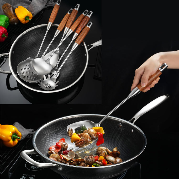 Stainless Steel Kitchen Utensils Set for Cooking Wooden Handle (9 Count)