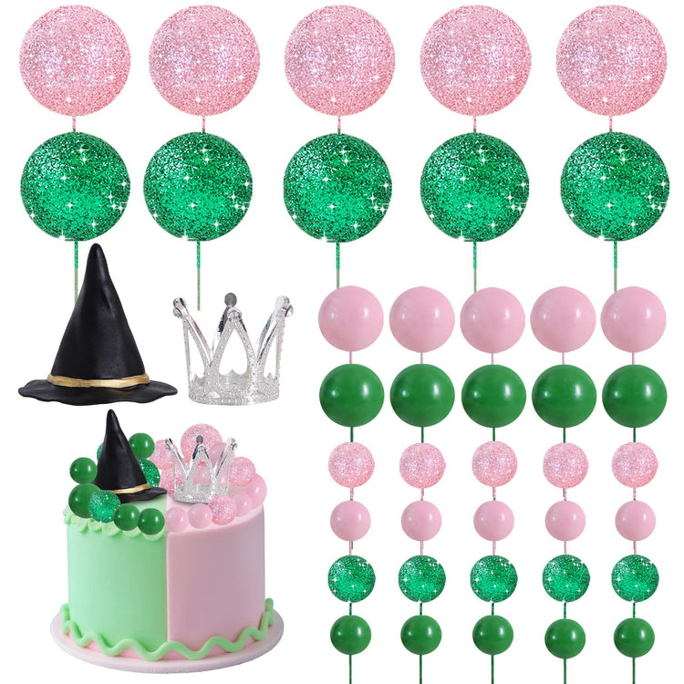 42 pcs Foam Ball Cake Toppers with Witch Hat and Crown Decorations Cake Decorations for Witch Theme Party Decor Pink and Green Decorations Supplies (42 Count)