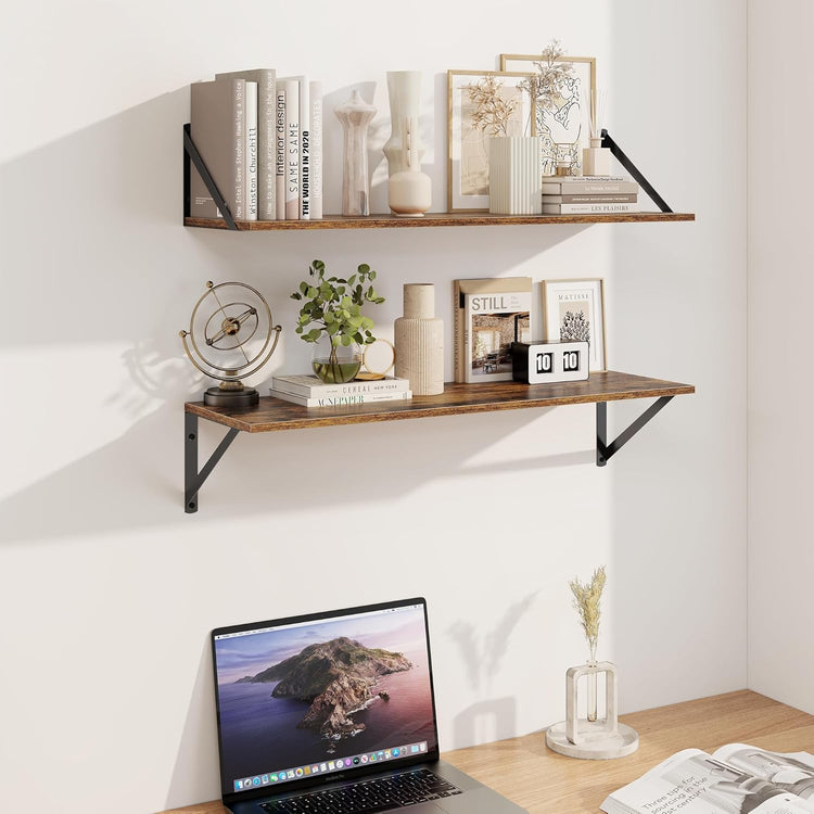 Heimlove Deep Floating Shelves for Wall, 30W x 8D Wood Wall Shelves Set of 2, Wide Floating Bookshelf for Living Room, Kitchen, Office, Bedroom and Decor Storage, with Metal Bracket - Rustic Brown