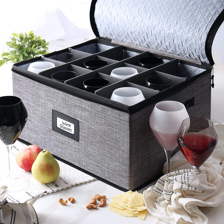 Wine Glass Storage Box with Dividers, 2 Pack Stackable Stemware Storage Cases, Service of 24 Glassware Storage Containers, Quilted China Storage Containers for Moving and Seasonal Storage, Grey