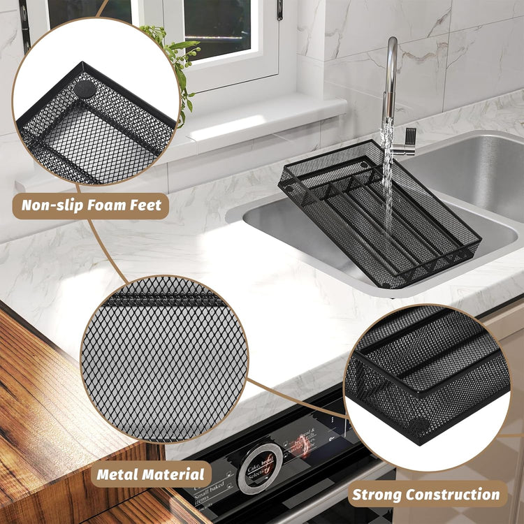 Silverware Organizer Metal Mesh, Small Drawer Organizer, Utensil Cutlery Tray for kitchen drawers, Flatware Organizer with 5 Compartment, Black(9.3"*12.6")