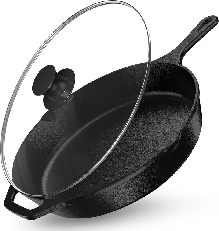 Utopia Kitchen Saute Frying Pan 12 Inch, Cast Iron Chefs Pan, Pre Seasoned Cast iron Skillet With Lid, Safe Grill Cookware for Indoor & Outdoor Use, Black - Nestoria