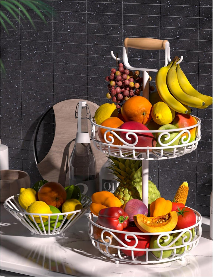 2-Tier ๐
๐ซ๐ฎ๐ข๐ญ ๐๐๐ฌ๐ค๐๐ญ and Fruit Bowl - Fruit and Vegetable Storage with Banana Tree Hanger and Wood Handle, Fruit Basket for Kitchen Counter, for Bread Onions Potatoes Veggies Produce