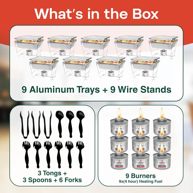 9 Pack - Disposable Chafing Dish Buffet Set (57 PCS) – Catering Food Warmers with 9 x Half Size Aluminum Pans, Foil Lids, Foldable Racks, Utensils & Fuel Cans - Perfect for Parties, Weddings & Events