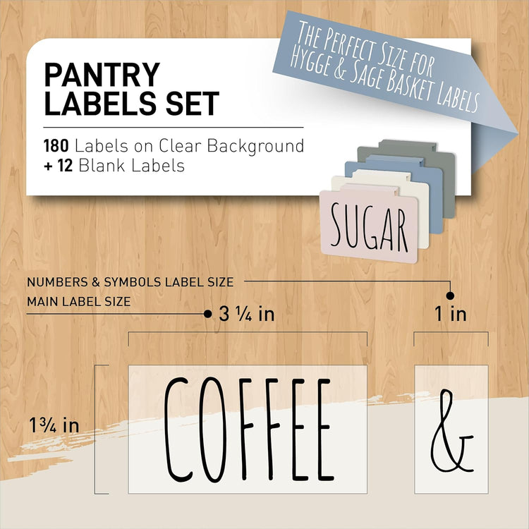 Hygge & Sage Pantry Labels for Containers Preprinted - 192 Waterproof Labels, Durable, Removable Kitchen Stickers, Clear With Black Print, Perfect for Use On Basket Labels, in Pantry, and Refrigerator