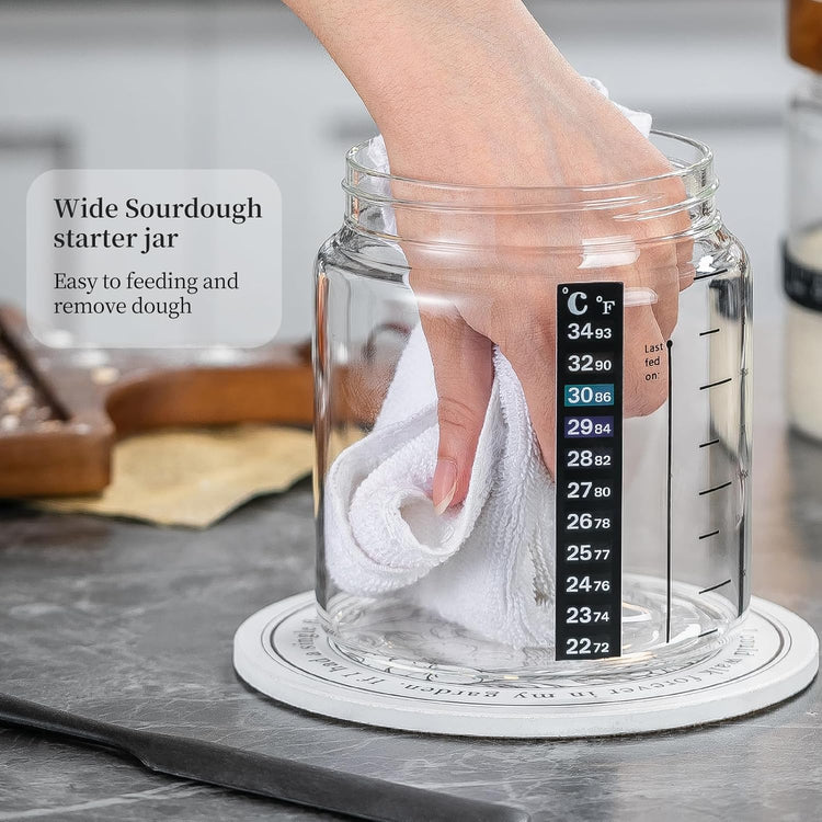 Wissy&Konny Sourdough Starter Jar,Wood Sealed Lid with Automatic Exhaust,35OZ with Ounce Scale Line,Date Marked Feeding Band, Thermometer, Sourdough Jar Scraper,Wide Mouth for Sourdough Bread Baking